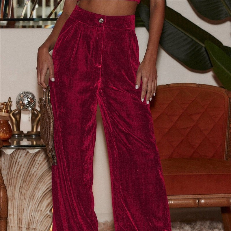 Loose Fit Button Wide Leg Trousers In Velvety Fabric