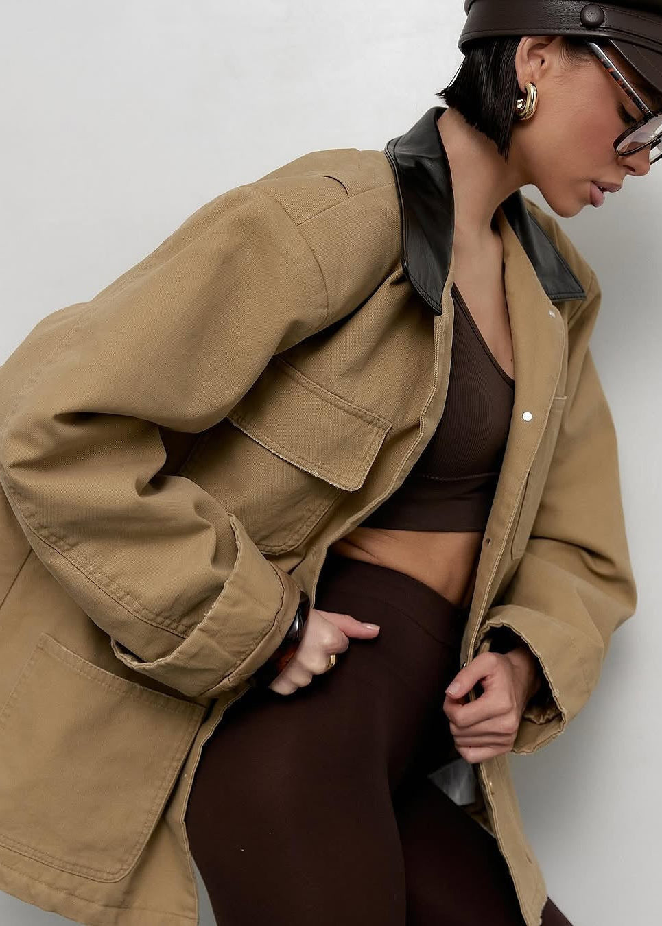 Canvas Utility Jacket with Faux Leather Collar