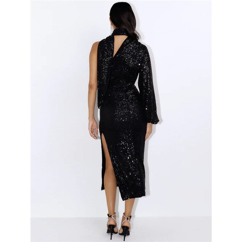 Solid Color Halterneck One Sleeve Sequins Bodycon Long Evening Dress