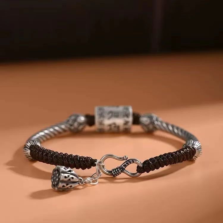 925 Sterling Silver Six-Character Mantra Transfer Beads Heart Sutra Lovers Bracelet