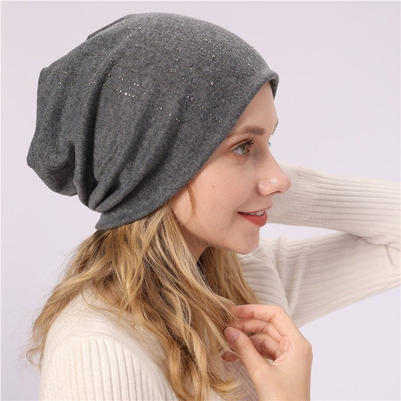 Solid Color Rhinestone Double Layer Beanie