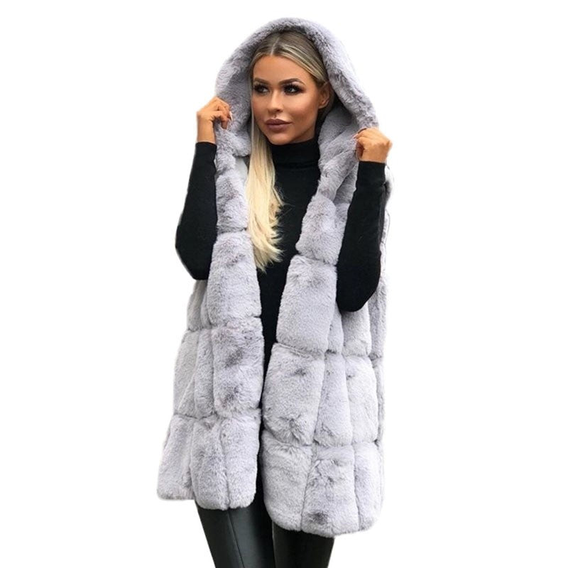 Faux Fur Hooded Vest Loose Paneled Sleeveless Outerwear