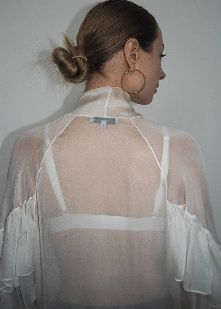 Sheer Silk Blend Ruffle Tie Front Blouse