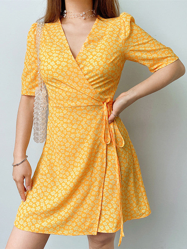 Romantic Purple Bow Girl'S Wind Flowers Show Thin Versatile V-Neck Dress