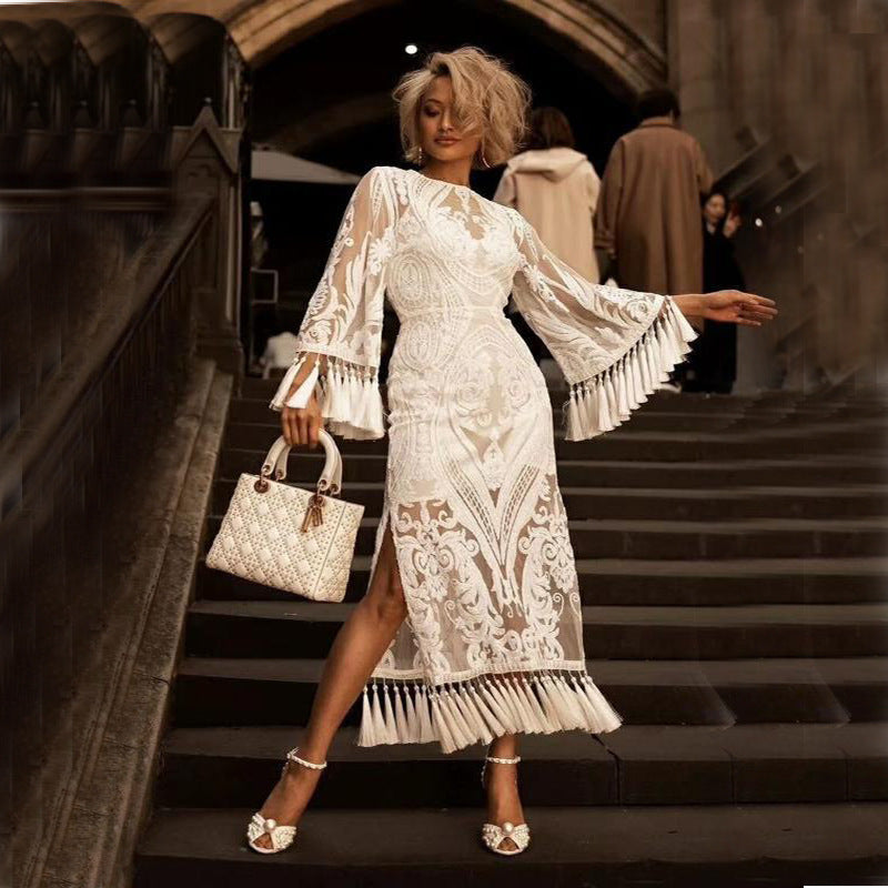 Women'S Banquet Party Evening Dress Lace Embroidered Fringed Dress Two-Piece