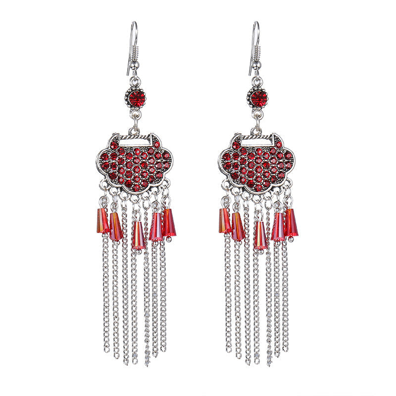 Creative Long Life Lock Retro Tassel Earrings Women'S Full Diamond Long Style Temperament Earrings