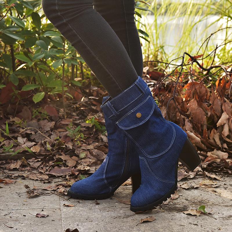 High-Heeled Denim Medium-Length Women'S Boots