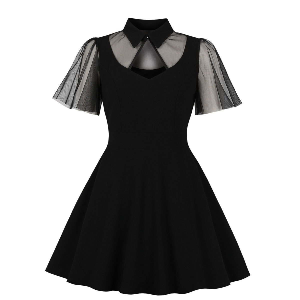Lace Panel Short Sleeve Sheer Dress Elegant Vintage Style