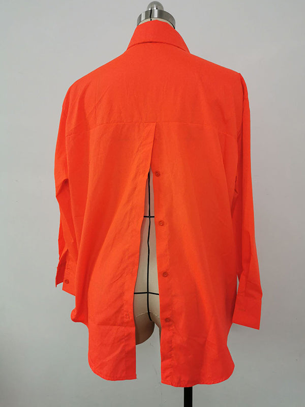 Loose Solid Color Split-Back Long Sleeves Blouses