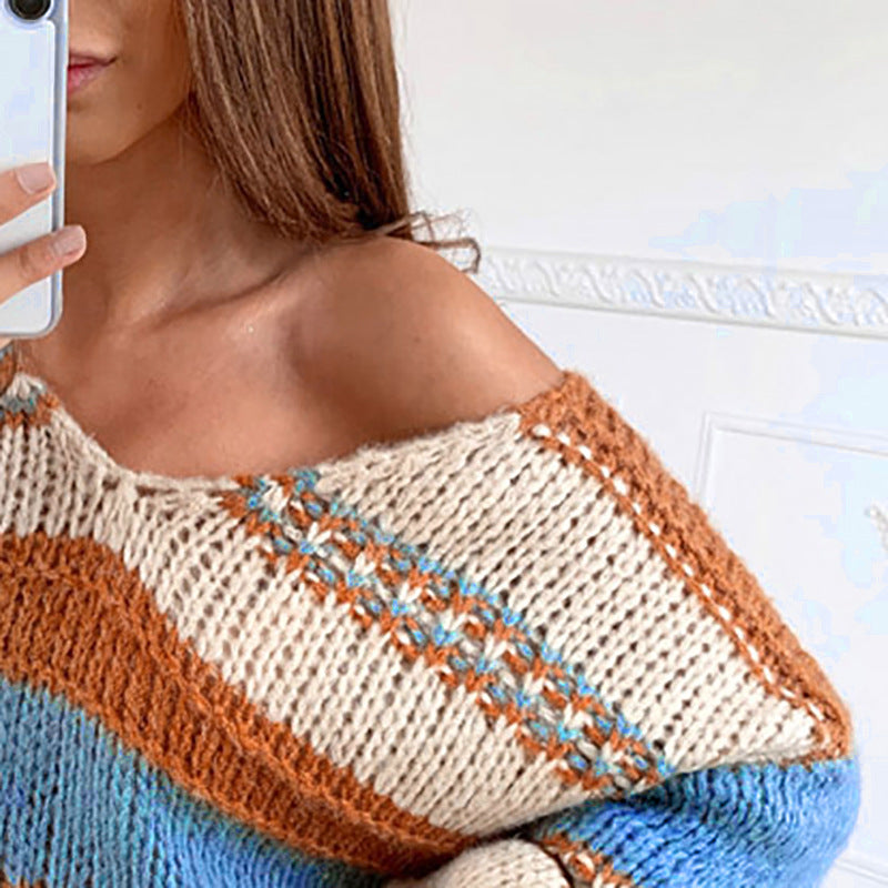 Autumn And Winter Casual Loose Solid Color Printed Sweater Sexy V-Neck Sweater