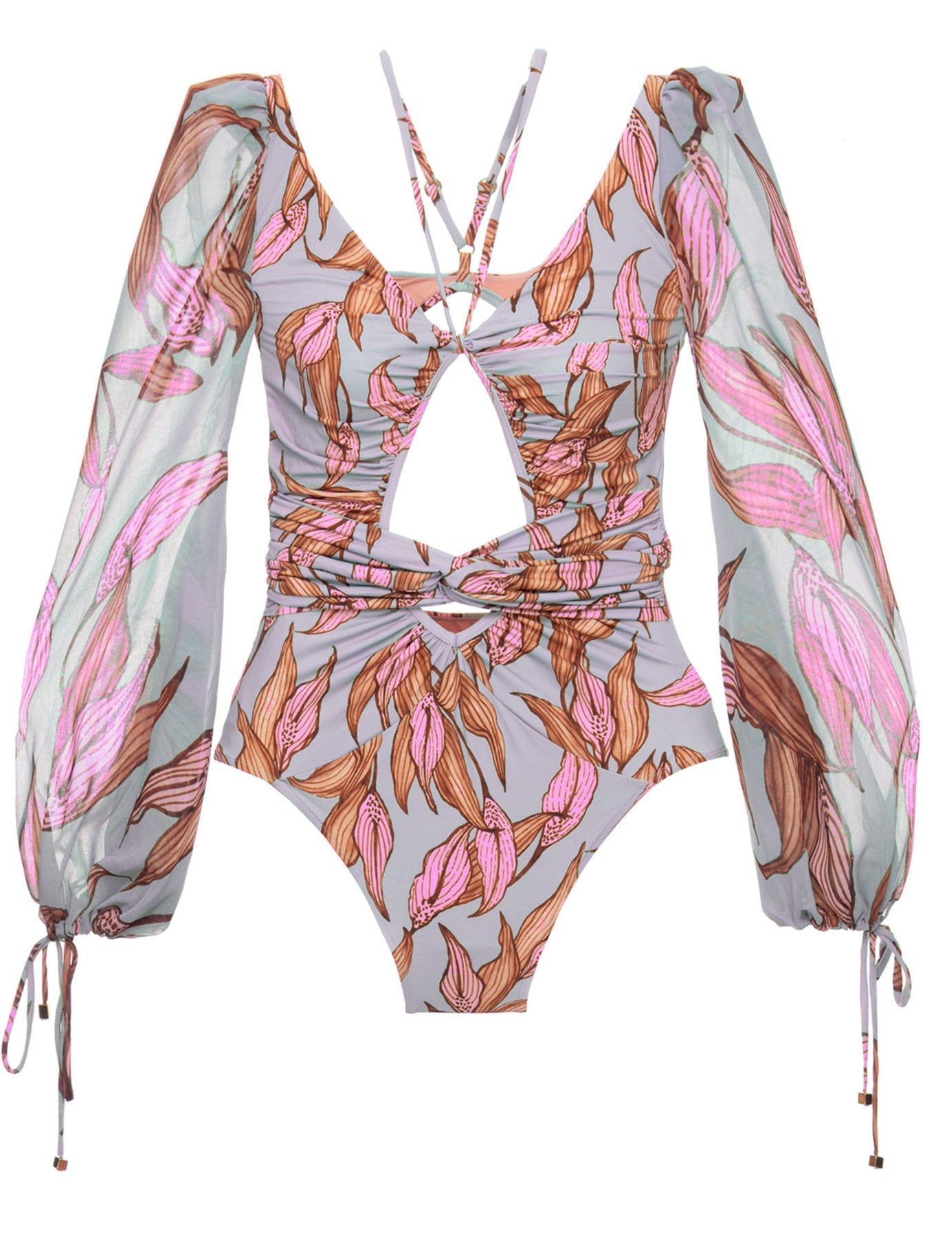 Sexy Gathered One-Piece Printed Bikini Swimsuit Women'S Long-Sleeved Swimsuit Women'S Swimsuit