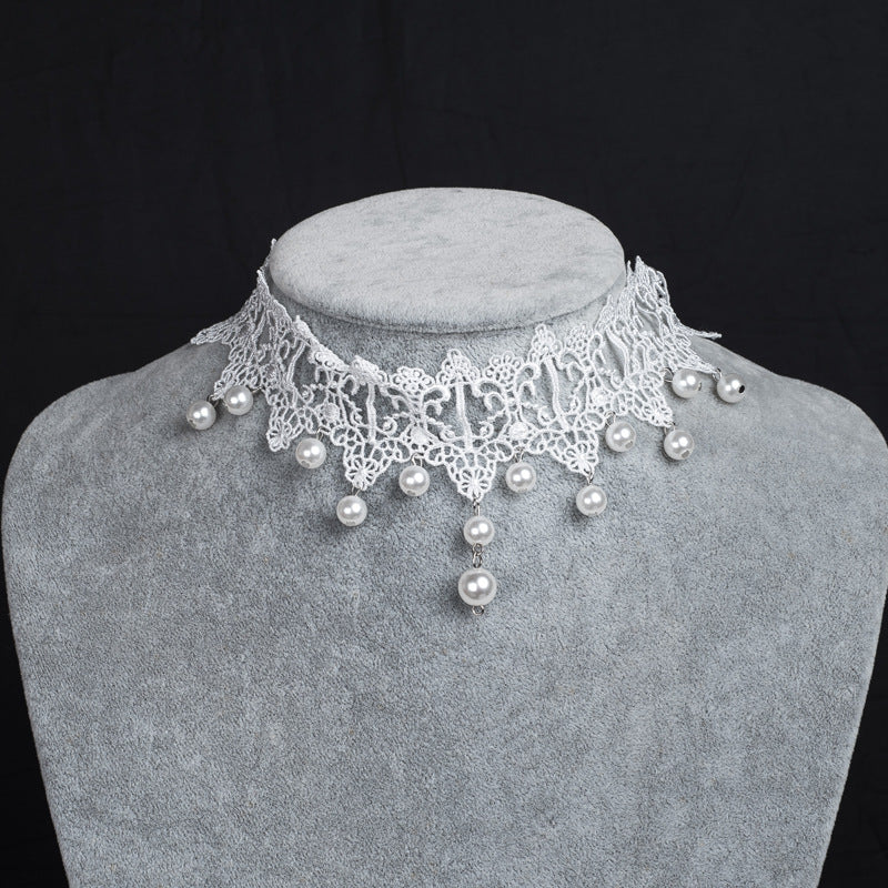 Bridal White Lace Choker with Rhinestones and Pearl Pendant