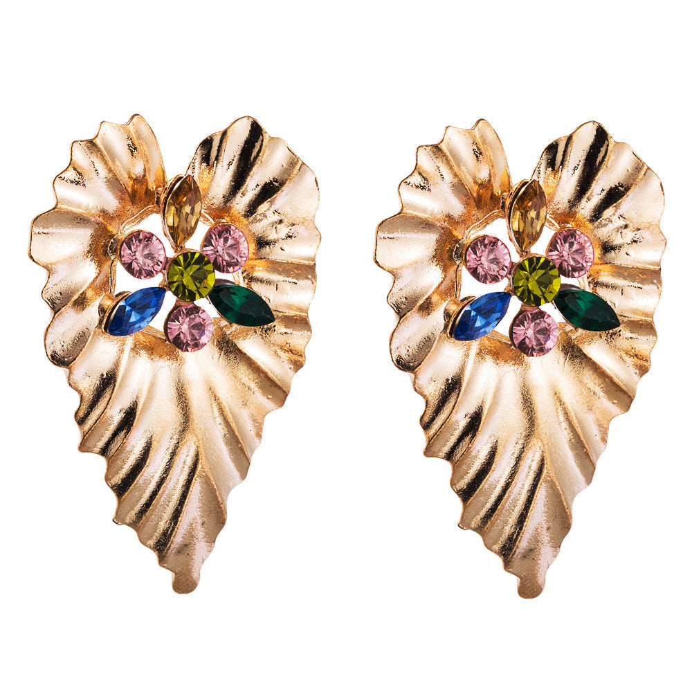 Exaggerated Heart-Shaped Alloy Earrings with Colorful Rhinestones