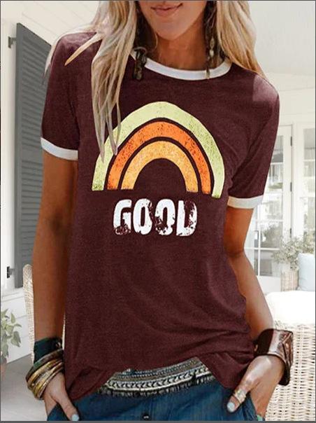 Summer New Rainbow Letter Printing Color Matching Short-Sleeved T-Shirt