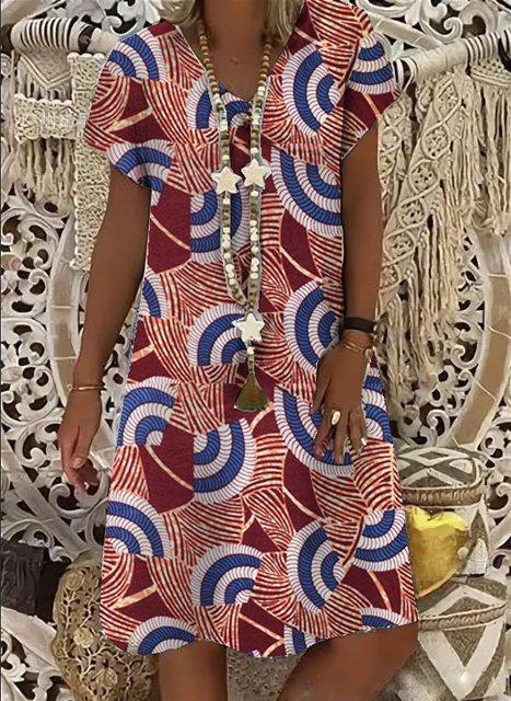 Summer New Short-Sleeved Printed Dress Mid-Length A-Line Skirt