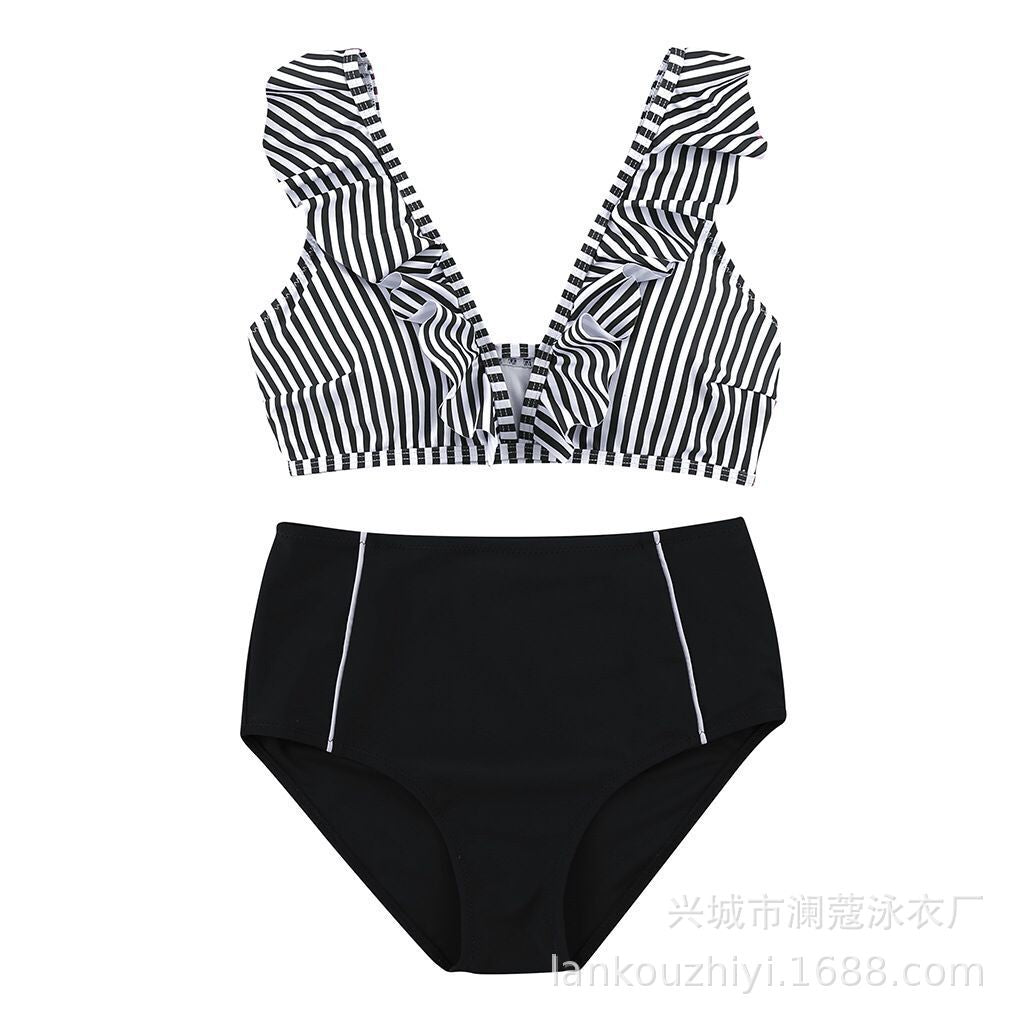 Bikini Stripe Solid Color Lotus Leaf Flash High Waist Split Swimsuit