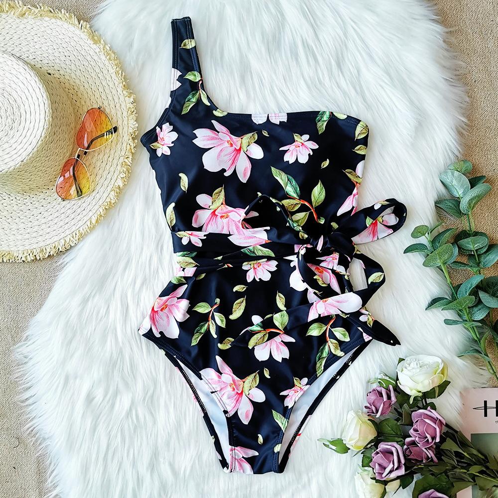 One Shoulder Floral One Piece Swimsuit Bandage For Women