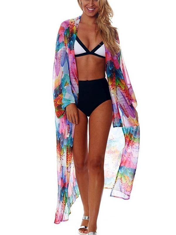 Chiffon Color Feather Printed Beach Bikini Sunscreen Cardigan Cover-Up