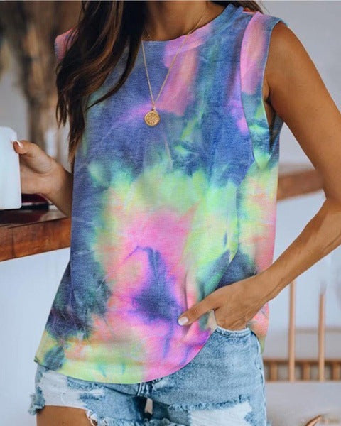 Women'S Top Collar Tie-Dye Printing Vest T-Shirt