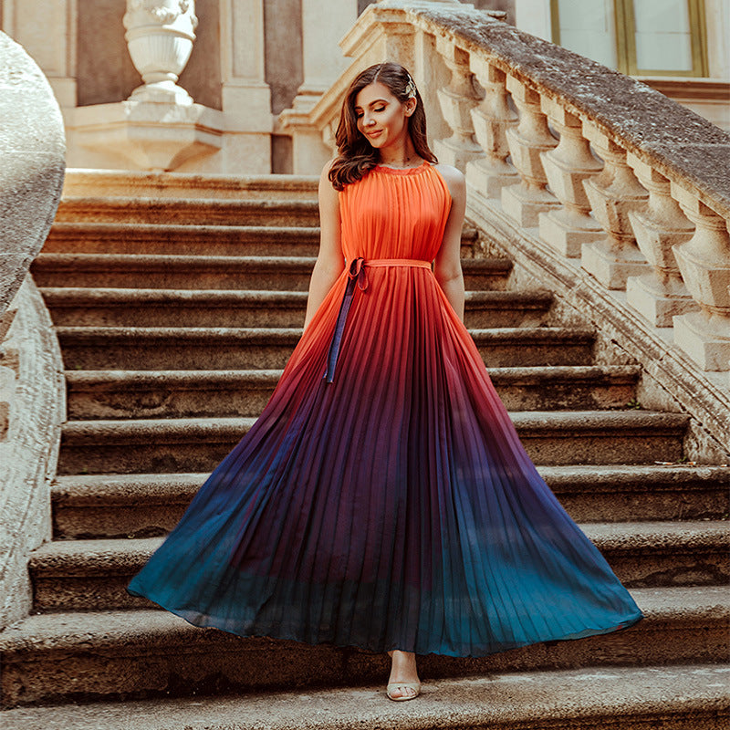 Gradient Oversized Skirt Crewneck Sleeveless Tie Dress