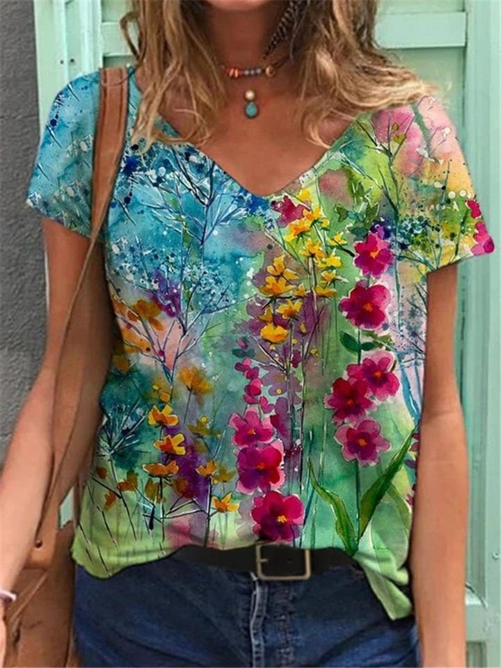 Floral Print Street Short Sleeve Multicolor Loose Women'S T-Shirt