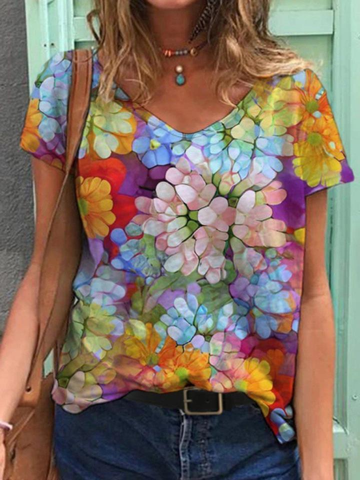 Ladies Abstract Flower Oil Painting Print Short Sleeve Top