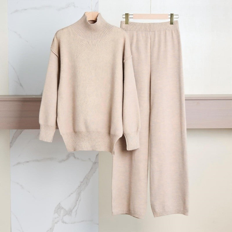 Loose High Neck Knit Sweater Pants Set