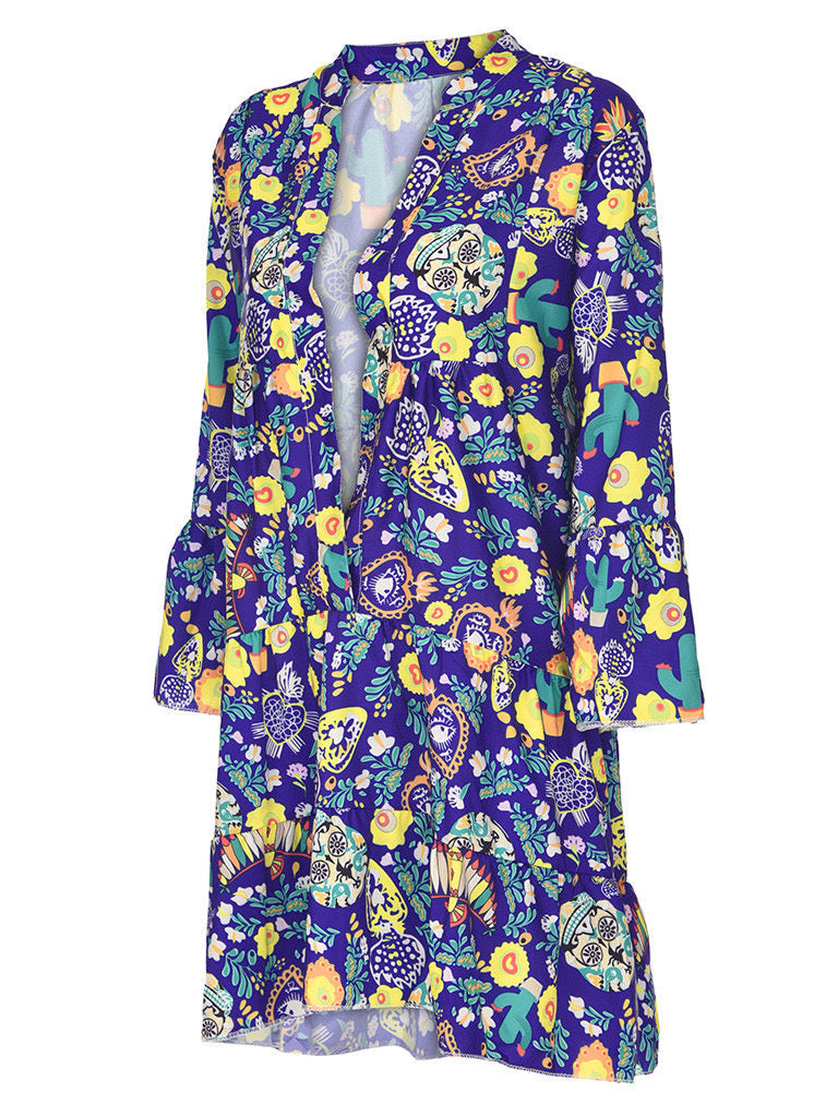 Women'S Dresses Plus Size Loose Print Long Sleeve V-Collar Button Mini Dress