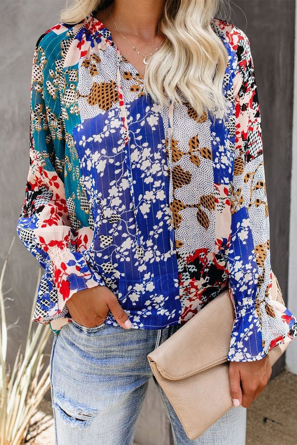 Summer Casual Loose Printing Long-Sleeved V-Neck Shirt