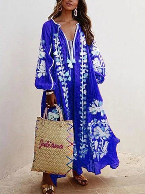 Autumn New V-Neck Long-Sleeved Printed Long Loose Dress