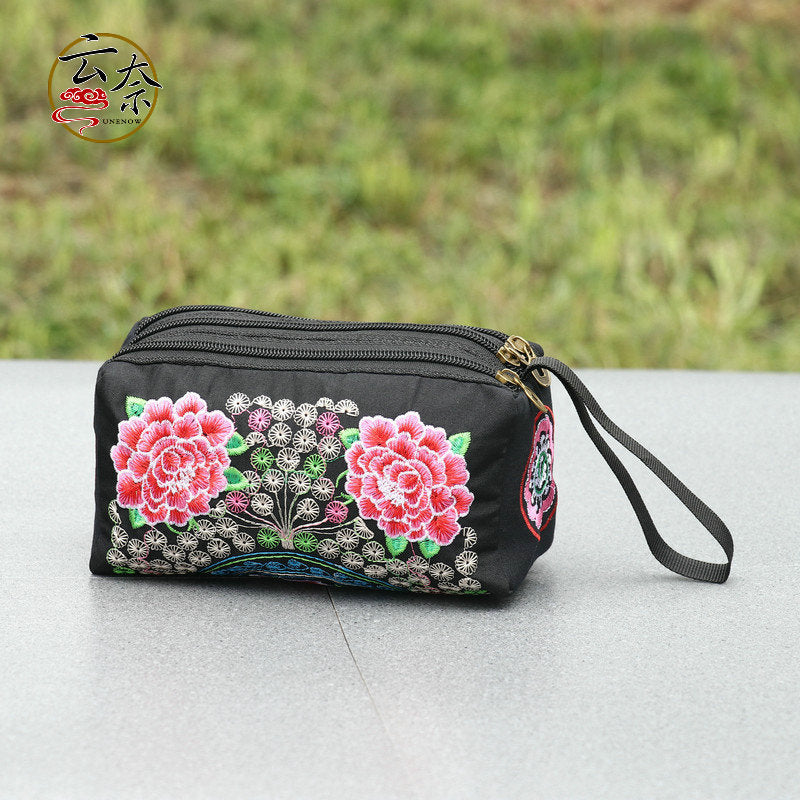 Yunnan Ethnic Style Embroidery Three Zipper Multi Function Women'S Change Mobile Phone Bag To Store Make-Up Hand Bag