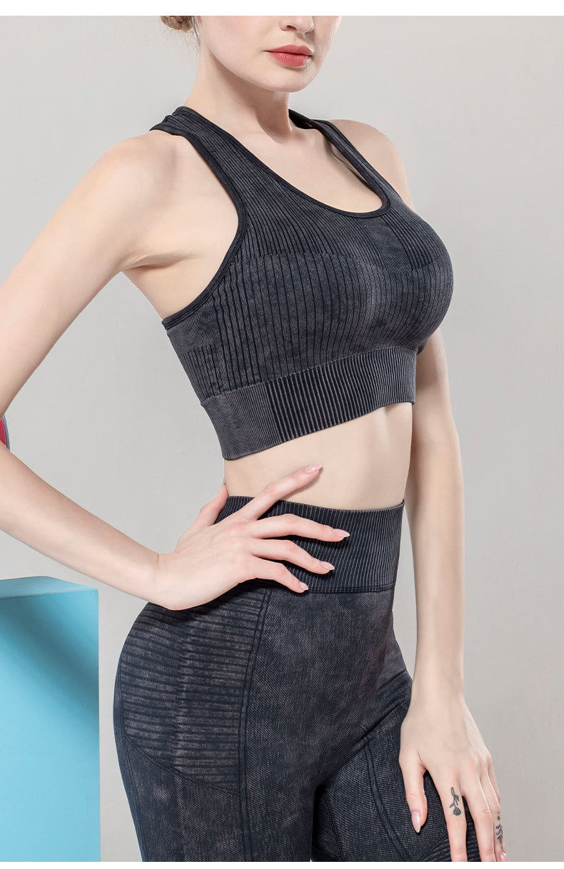 Solid Color Seamless Sports Bra High Elastic Jacquard Print Washed Sleeveless Open Navel Vest Tight Sports Yoga Top For Women