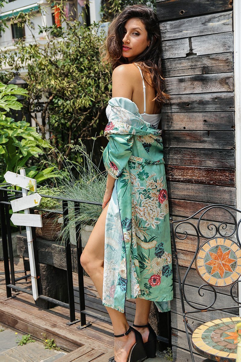 2018 New Arrival Fashion Long Sleeve Printed Kimono Belt Long Coat Women S Bikini Cover-Ups