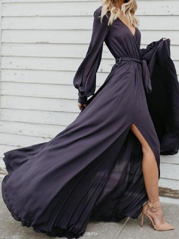 Sexy V Neck Long Sleeve Split Maxi Dress With Belt