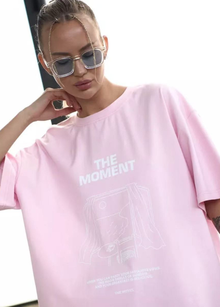 Oversized Cotton Tee With Graphic Print Pink