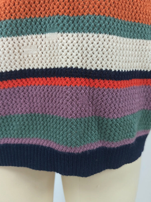 Original Long Sleeves Loose Contrast Color Striped Round-Neck Sweater Tops
