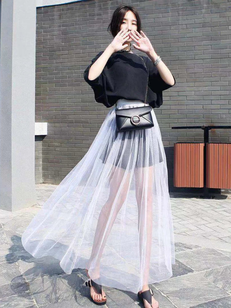 2024 Summer Long Lace Skirt Women Black White Mesh Voile Casual Skirts Low Waist Bohemian Sexy Transparent Maxi Wear