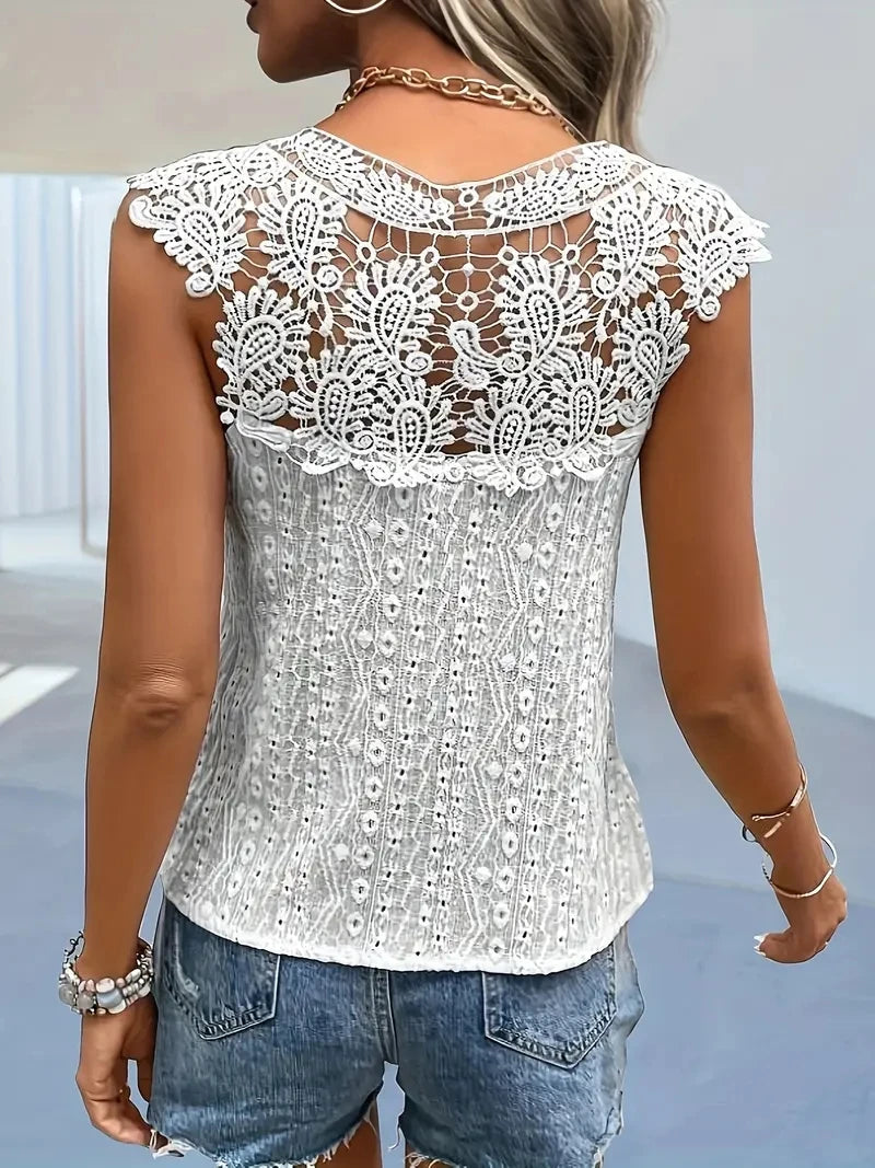 2024 Euro-N Women Spring And Summer V-Neck Lace Solid Color Patchwork Pullover Sleeveless Vest T-Shirt