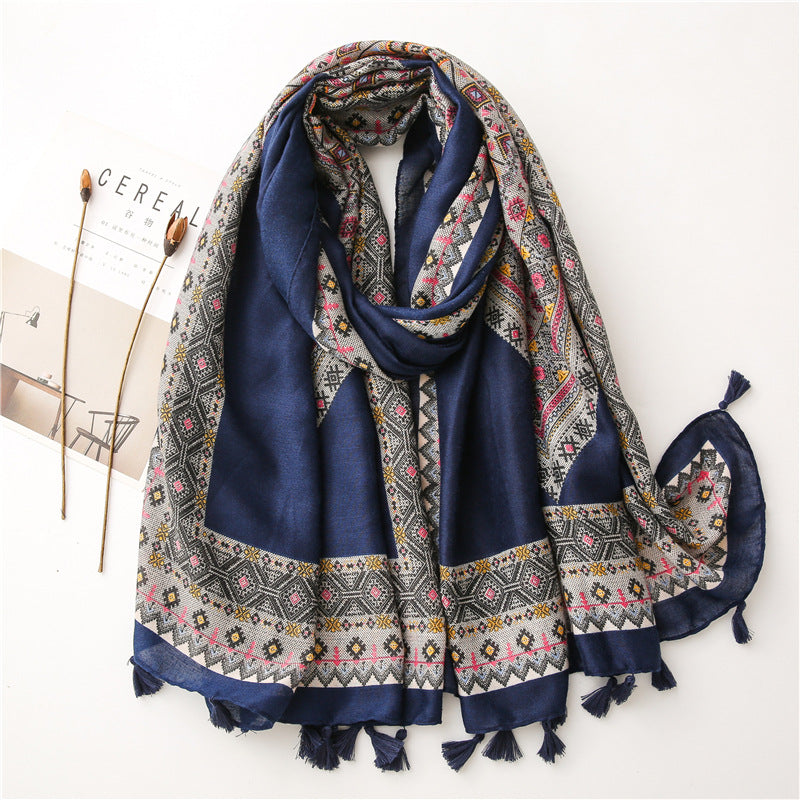 Women'S New Diamond Checkered Artistic Style Square Printed Cotton Linen Soft Long Scarves With Sun Shading Shawl