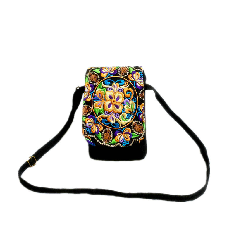 New Ethnic Embroidery Canvas Embroidered Double-Layer Mobile Phone Bag Change One-Shoulder Messenger Bag