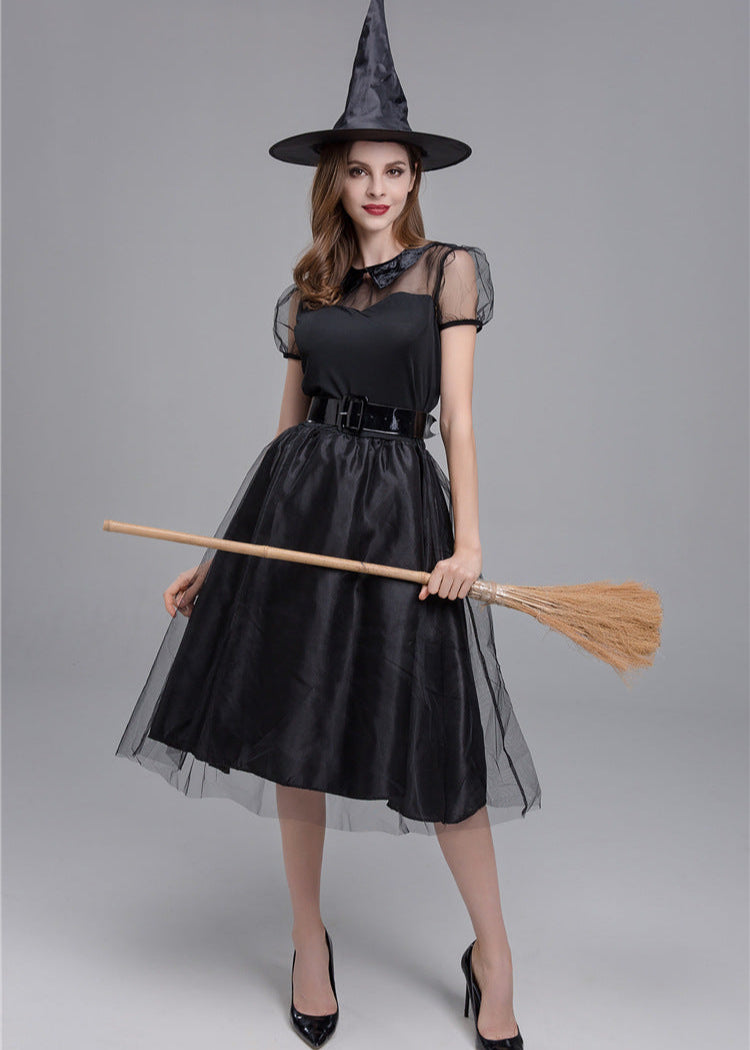 Women Black Polyester Witch Costume Dress Set