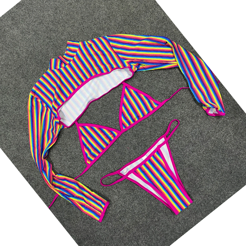 New Three-Piece Set Rainbow Striped Rainbow Gradient Print Long-Sleeved Sunscreen Swimwear Bikini Wetsuit