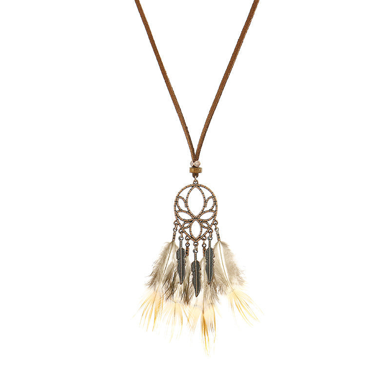 Vintage Feather Tassel Necklace Circle Dream Catcher Long Sweater Chain