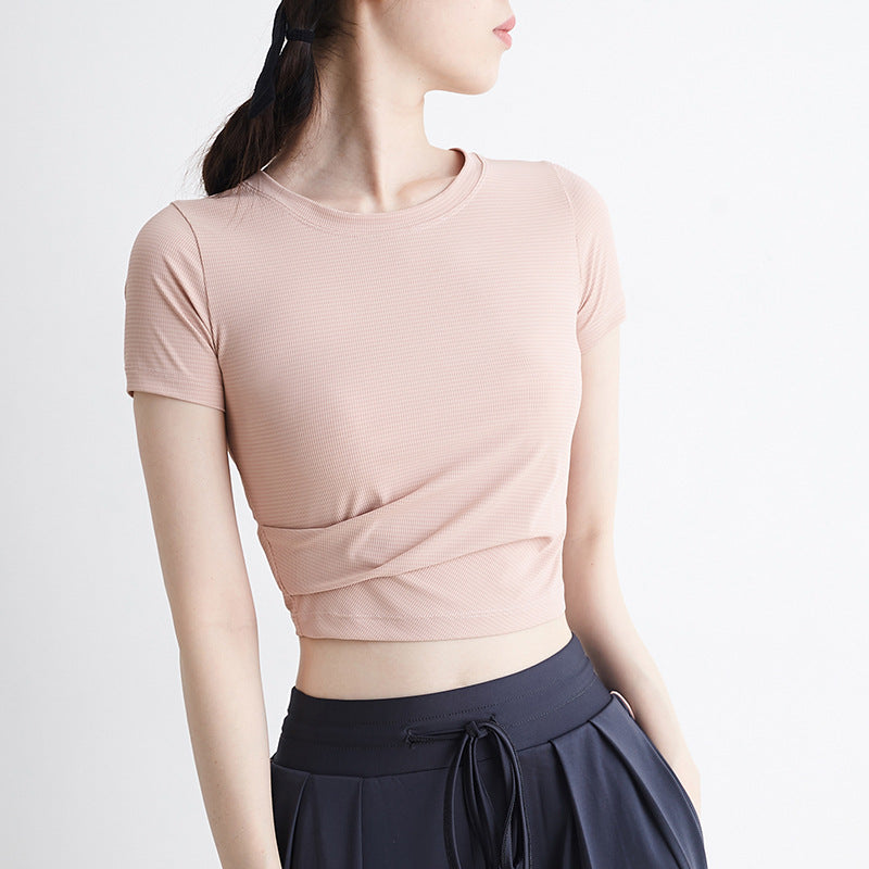 Solid Color Summer Tight Short Dew Umbilical Sports Top Women'S Fast Dry Sexy Yoga Short-Sleeved T-Shirt Running Fitness Suit