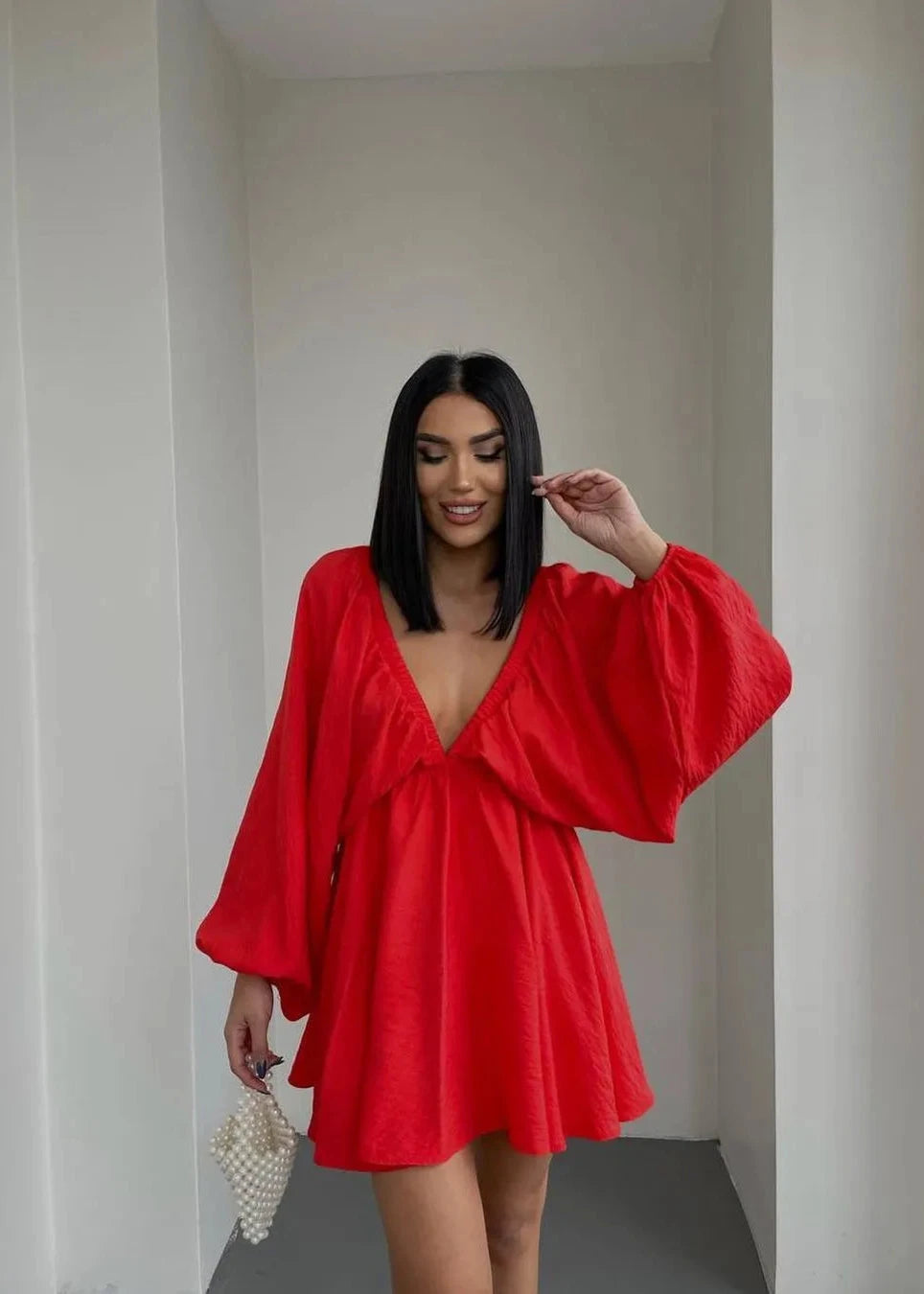 V Neck Lantern Sleeve Dress In Premium Fabric