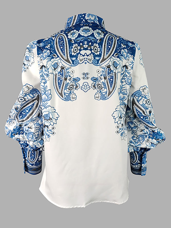 Long Sleeves Loose Buttoned Flower Print V-neck Blouses&shirts Tops