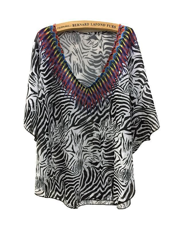Fashion Black Stripe V Neck Shawl Cover-Up Tops