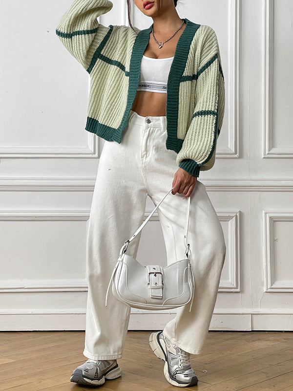 Long Sleeves Loose Contrast Color Cardigan Sweater Tops