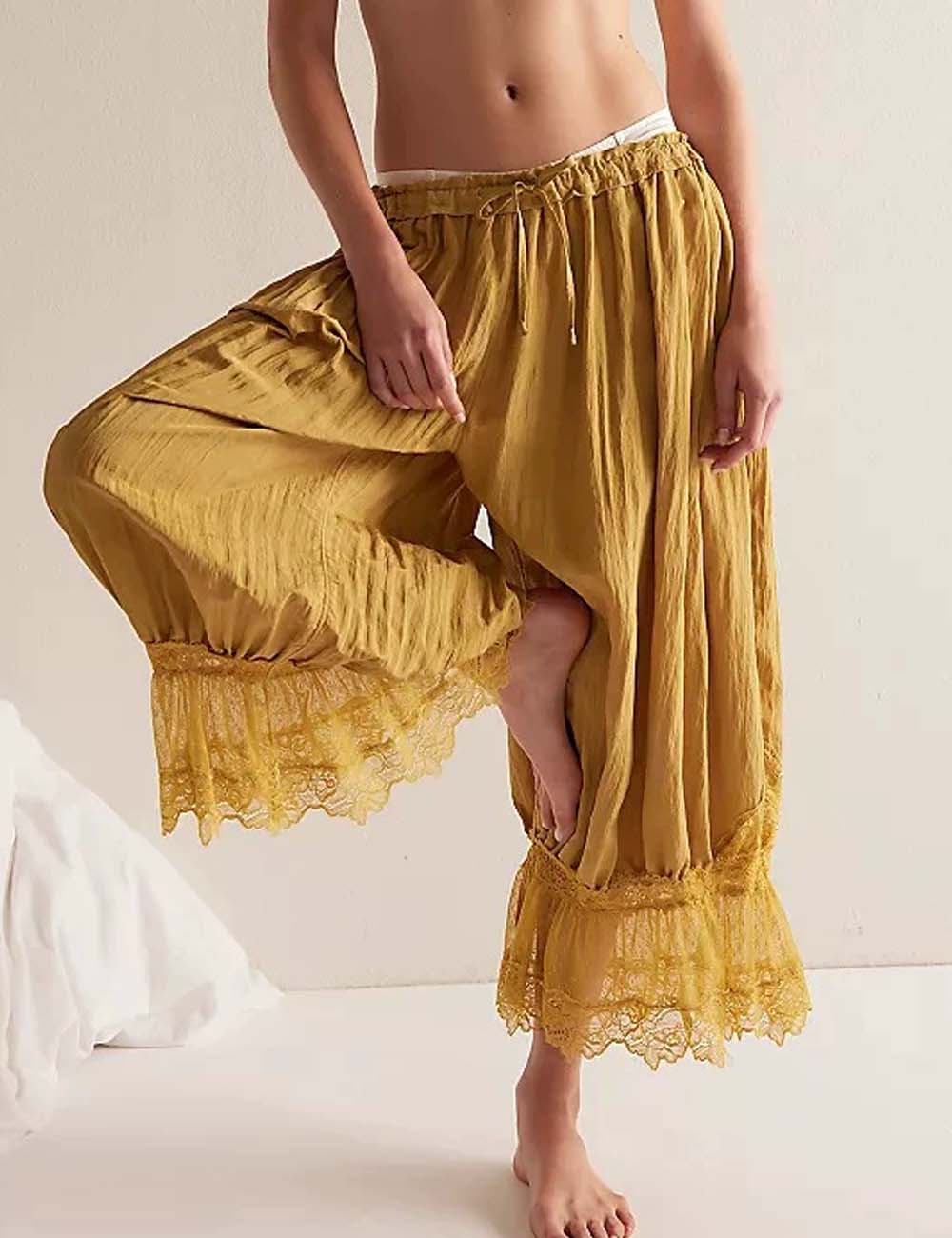 Hollow Lace Tie Front Sleepwear Pants