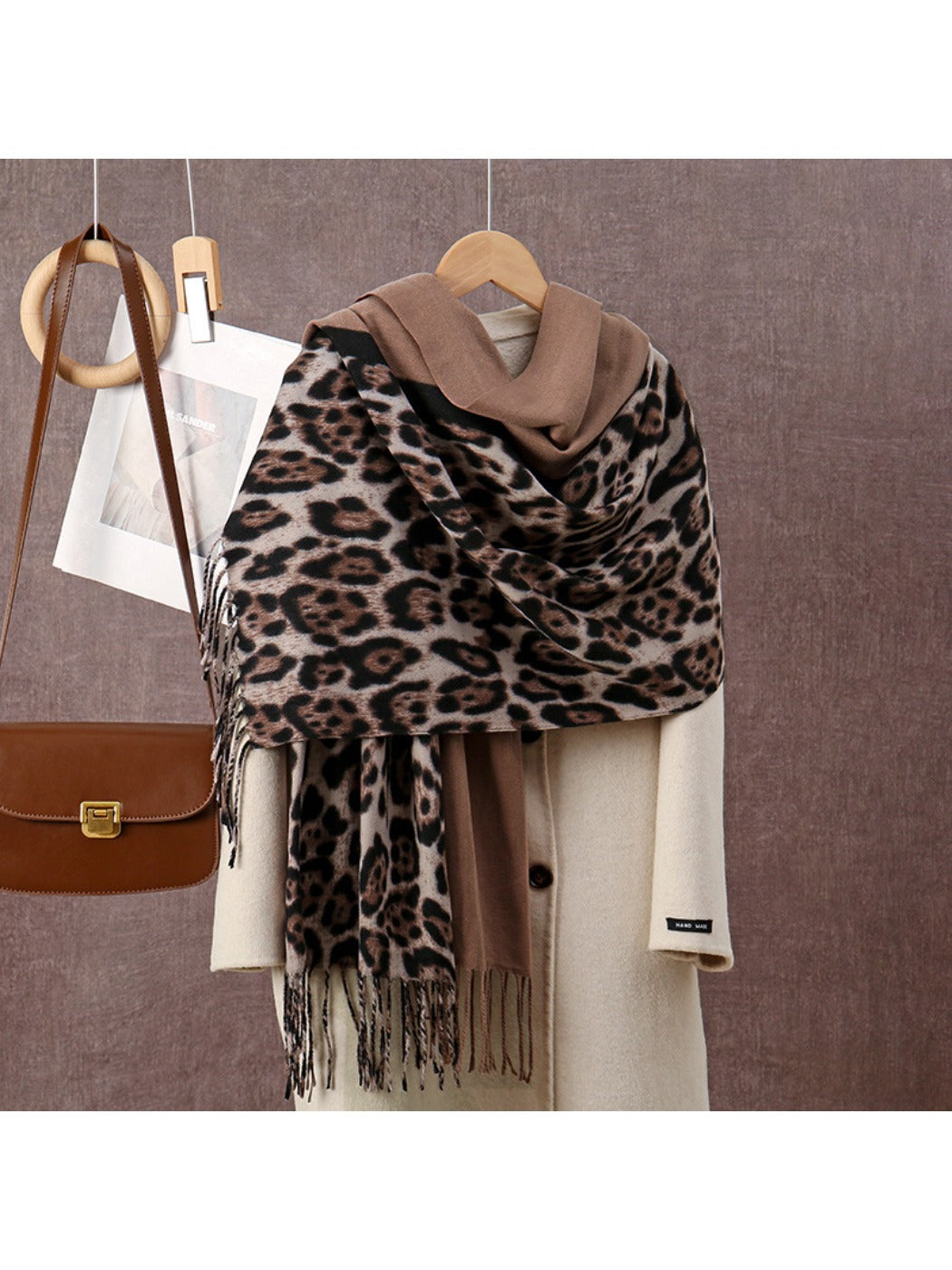 Sscarvii - Leopard Print Tassel Winter Scarf